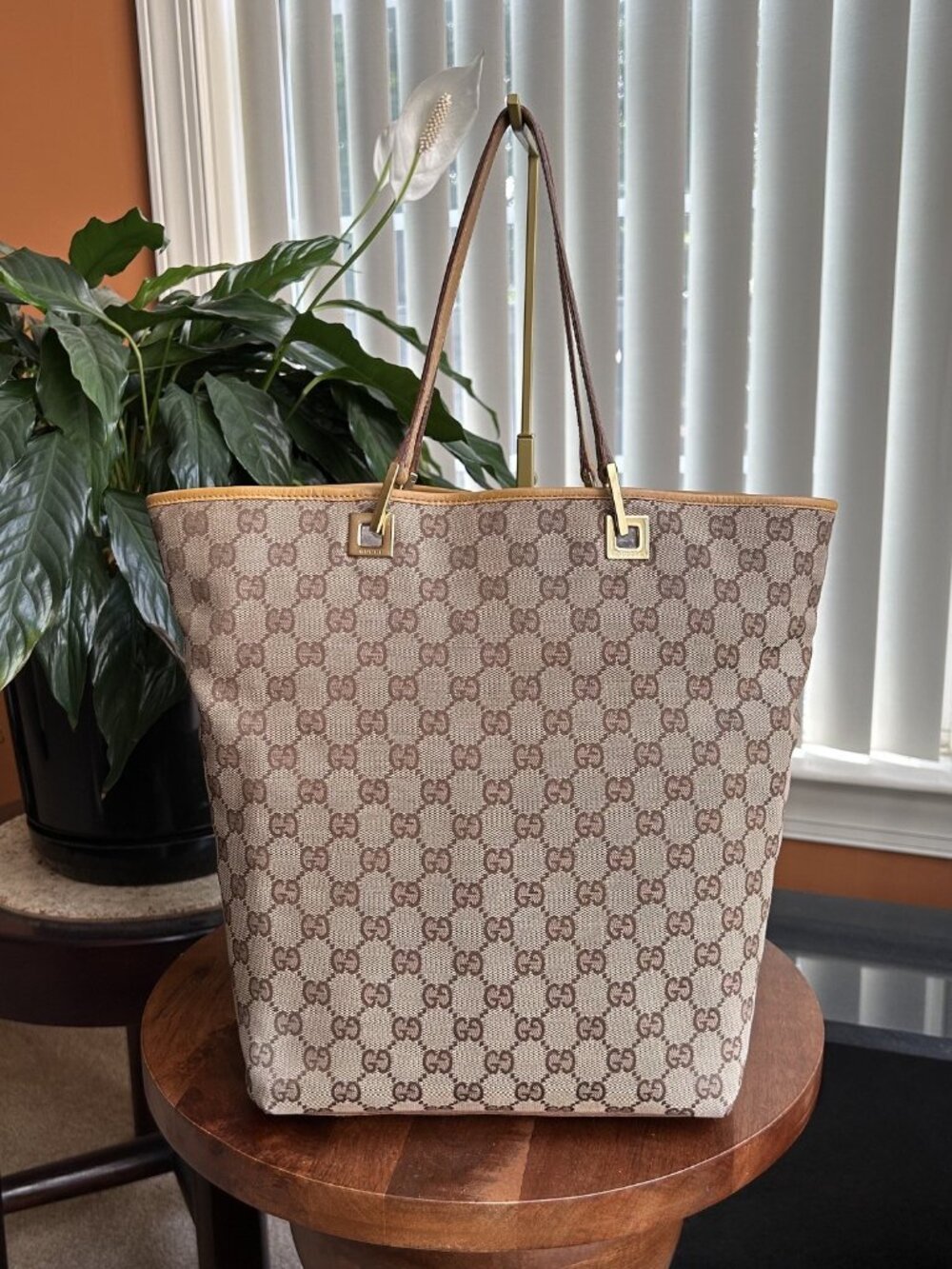 GUCCI GG Monogram Bucket Bag Tote, Taupe, Camel